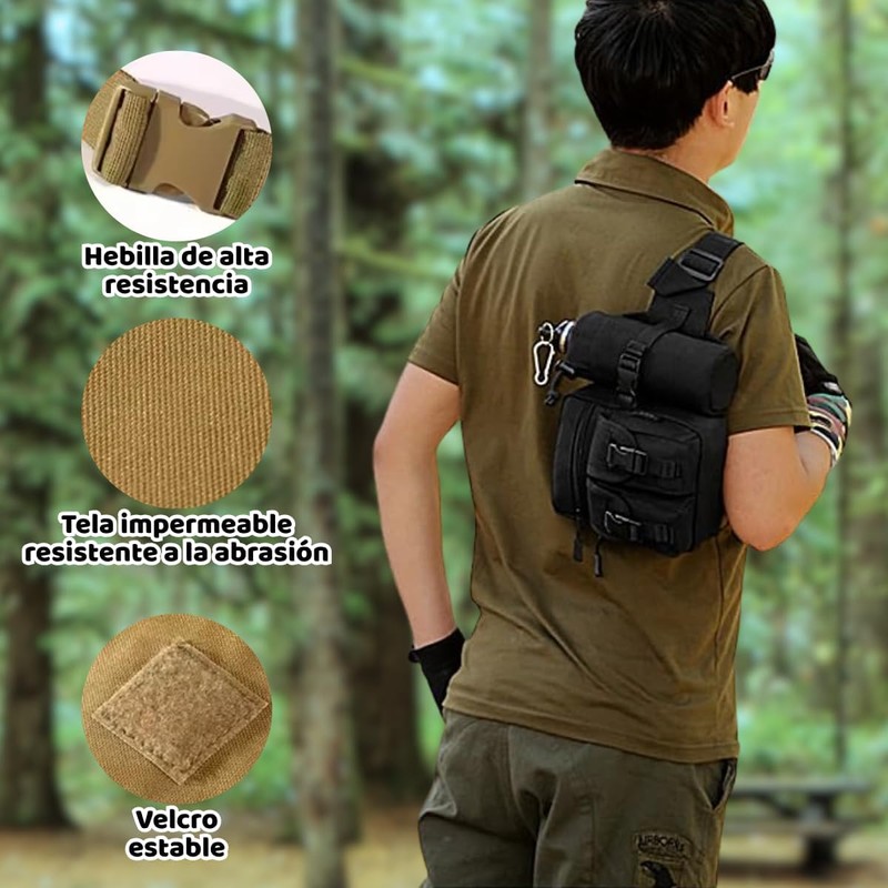 Mochila Cangurera Táctica Militar Caqui para Cintura con Porta Botella,