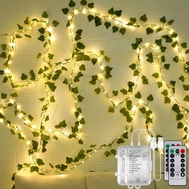 2 Pack 40ft 120 LED Vine Fairy Lights Battery Operated, 8 Modes & Timer Ivy String Lights with Remote, Green Leaf Lights for Indoor Bedroom Classroom Wall Garden Party Wedding Decor (Warm White)