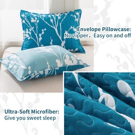 Andency Teal Blue Quilt Queen Size (96x90 Inch), 3 Pieces Floral Lightweight Bedspread, Microfiber Reversible Flower Quilted Coverlet with 2 Pillowcases for Men Women