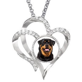 PJ4U Rottweiler Dog Pet Family Heart Shaped Silver Colour Necklace And Diamante Pendant And Gift Box