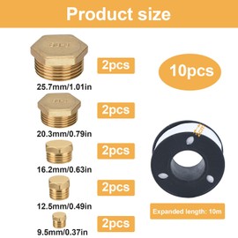 Pack of 10 Brass Plugs, 1/8 1/4 3/8 1/2 3/4 Inch Sealing Cap with Water Stop, Hexagonal End Cap Made of Brass, Brass Cap for Taps, Water Pipes, Washing Machine Valves