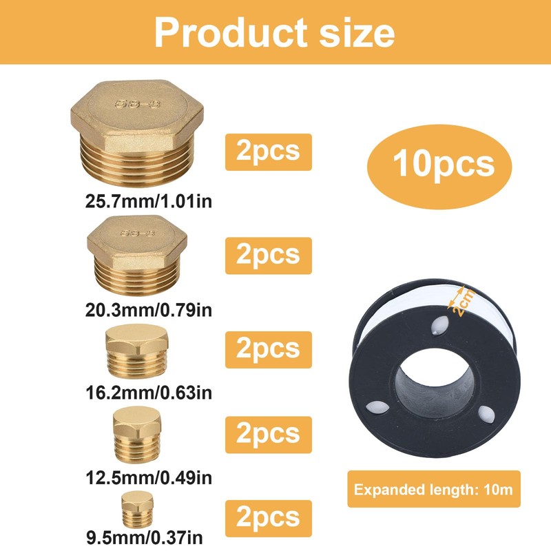 Pack of 10 Brass Plugs, 1/8 1/4 3/8 1/2 3/4