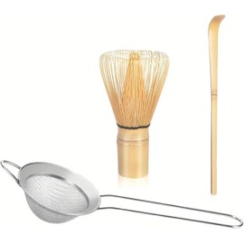 Luikyei Matcha Traditional Starter Set - Bamboo Matcha Whisk (Chasen), Scoop (Chashaku), Stainless Steel Sifter, Fully Printed Handbook - Japanese Tea Set