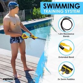 FEROK PRO Elastic Resistance Band with Swimming Pad – Pull Rope with Pads and Handles – Swimming Muscle Strengthening Elastics with Paddles – Medium Version