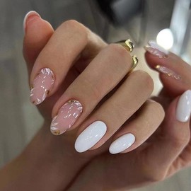 ANDGING Press on Nails Oval Short Medium Pink White Fake Nails with Leaf Design Gel Almond Glue on Nails for Women Girls Acrylic False Nails with Glue Stick on Nails for Wedding Birthday 24Pcs