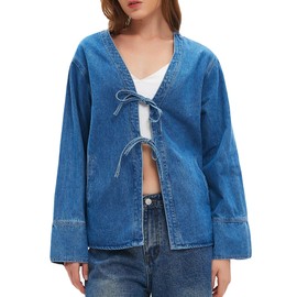 LifeShe Jean Jacket Women Tie Front Top Loose Wide Sleeve Denim Shacket Lightweight V Neck Coat