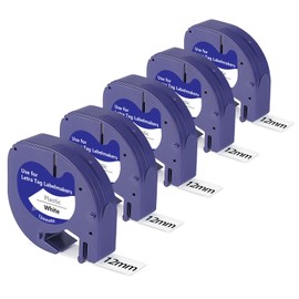 5-Pack White Plastic Label Tape Compatible with Dymo LetraTag Refills 91331, 12mm x 4m (1/2'' x 13') Replacement for Dymo Label Maker LT-100H LT-100T 100H Plus 200b QX50