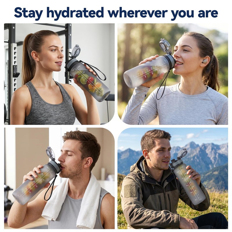 UTEBIT Gray Water Bottle 32oz, Motivational and Leak-Proof Water Cup