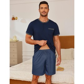 Jahetuul Shorty Pyjamas Men's Set Summer Cotton Sleepwear Round Neck T-Shirt and Shorts Lightweight Loungewear for Home mens pjs sets