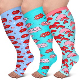 PAMAID Open Toe Compression Socks for Women 3 pairs Toeless Sock Wide Calf Knee High Support Sock