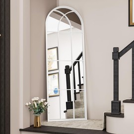 OGCAU Full Length Mirror, Arched Floor Length Mirror, 65"x22" Widow Mirror, Decorative Mirror Hanging or Leaning, Full Body Mirror with Iron Frame, Window Pane Mirror for Bedroom Living Room (White)