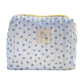 Lushandy Makeup Bag Cotton Travel Cosmetic Bag Cute Pouch Toiletry Bag Quilted Floral Organizer Bag Large Capacity Coquette Aesthetic Portable Storage Zipper Purse for Women, 02-Floral Blue