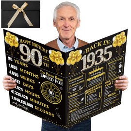 Kuxriox Large 90th Birthday Card With Envelope, Black Gold Happy 90th Birthday Giant Guest Book Gifts for Men Women, Giant Ninety Bday Card Gifts Party Supplies, Back in 1935 Jumbo 90 Bday Card