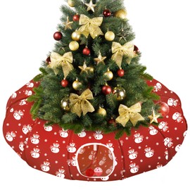 Pawaboo Cat Tunnel Bed Under Christmas Tree, 35.4'' Christmas Cat Toy Circle Tunnel with Toy Ball, Decorative Christmas Festive Foldable Kitty Tube Tunnel for Cat Small Animal (Red Snowman)