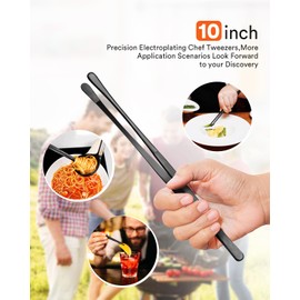Kitchen Tweezers, Round Tip Tweezer Tongs For Cooking, Black Stainless Steel Food Tweezers, Multi-function Precision Serrated Tips Cooking Tongs Kitchen Serving Tong (Black, 8 inch)