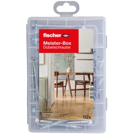 fischer Meister-Box Dowel Screws, Presorted Assortment Box with 112 Screws, Suitable for Many Dowels Incl. DuoPower, DuoBlade and Many More, Universal Set for Mounting Work