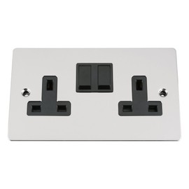 Wall Socket Double / 2 Gang - Polished Chrome Flat - Black Insert Plastic Switch - 13A Double Wall Plug Socket