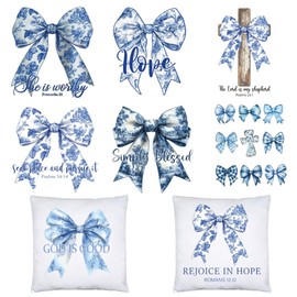 Falueqg Blue Bow Iron on Transfer - 9Pcs Dtf Transfers Ready to Press, Bible Verse Bowknot Iron on Decals Patches for Tshirts, Coquettee Heat Transfer Stickers for Clothes Bags Hats DIY Crafts