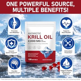 Antarctic Krill Oil 2000mg Softgels with Omega-3s EPA, DHA, Astaxanthin and Phospholipids Supplement 120 Softgels
