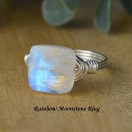 Faceted Labradorite Square Gemstone Bead and Sterling Silver or Gold Filled Wire Wrapped Ring- Made to size 4-14