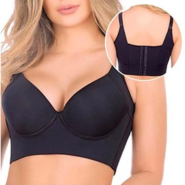 Women Push Up Sports Bra Deep Cup Full Back Incorporated Coverage Hide Back Fat Bra with Shapewear (Black, 42)