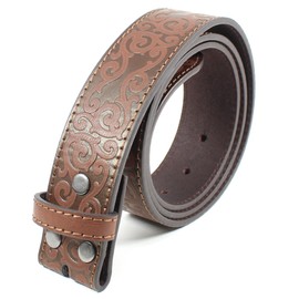 Classic Western Scroll Leather Belt Strap Without Buckle 1.5" Wide with Snaps - Vintage Cowboy Cowgirl Style (Brown-L)