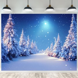 Fmarui 7x5ft Winter Wonderland Backdrop Christmas Trees Star of Bethlehem Snow Covered Photography Background Winter Llandscape at Snowfall Xmas Theme Party Decortaion Photo Shoot Props