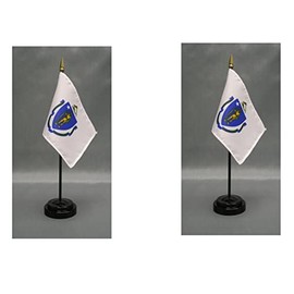 2 Massachusetts State Desk Flags American Made Rayon 4x6 inch Miniature Table Flag Set Includes 2 Stands and 2 State Small Mini Stick Flags