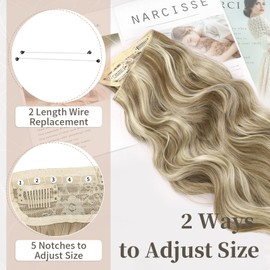 KooKaStyle Invisible Wire Hair Extensions with Transparent Headband Adjustable Size 4 Secure Clips Long Wavy Secret Wire Hairpiece Dirty Blonde Mixed Bleach Blonde 16 Inch for Women