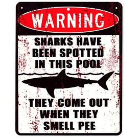 Tin Sign Warning Sharks in This Pool Shark 20 x 25 cm Decorative Sign with Print