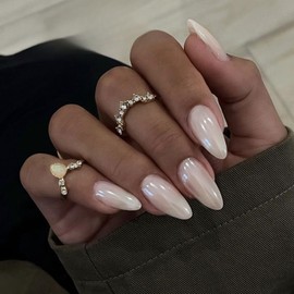 Milky White Press On Nails Almond - KQueenest Chrome Press On Nails Medium, Pearlescent Fake Nails Press ons, Glitter Glue on Nails Medium Stiletto, Glazed Gel Stick On Nails for Women Wedding Wear