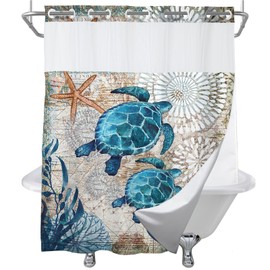 Final Friday Green and Teal Sea Turtles Theme No Hook Waffle Weave Shower Curtain with Snap in Liner Nautical Beach Bathroom Blue Ocean Decor Set 72 W x 86 H Inch Teal