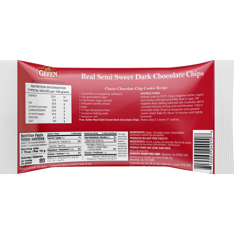 Gefen Vegan Semi Sweet Real Dark Chocolate Chips, Dairy Free