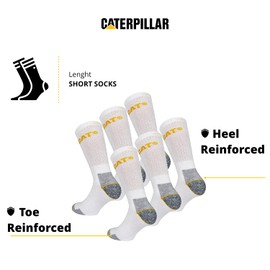 Caterpillar 6 pairs Men's Work Socks Accident Prevention Reinforced on Heel and Toe with Reinforced Weft CAT Yarn of Excellent Quality Cotton Sponge (White, 6-11)