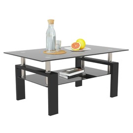 DKLGG Glass Coffee Table, Rectangle Center Table Living Room Tables with Lower Shelf, 2-Tier Modern Black Coffee Table w/Metal Tube Legs, Glass Tables for Living Room Waiting Area, All Black