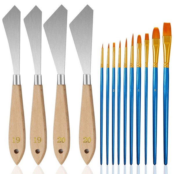 4 PCS Palette Knives Set with Paint Brushes, FineGood Painting Knife Set Stainless Steel Spatula Oil Paint Brush Set for Artists Beginners