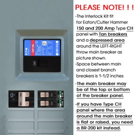 Generator Interlock Kit Compatible with Eaton Cutler Hammer Only CH SERIES TAN Breaker 150 and 200 amp Panels,Generator Horizontal Electrical Interlock Kit,1 1/2 in Spacing Between Main Branch Breaker