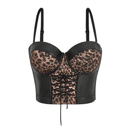Floerns Women's Cheetah Leather Sleeveless Corset Top Lace Up Front Y2k Cami Top Black Large