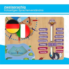 WoodyWood® Children's Calendar Clock - Wooden Learning Clock Bilingual 30 x 30 cm - Montessori Year Clock for Learning Time, Date, Days of the Week, Months, Seasons and Weather