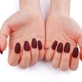 EDA LUXURY BEAUTY Dark Red Burgundy Matte Luxe Design Press On Nails Full Cover Acrylic Nail Kit Glue On False Nails Extra Long Ballerina Coffin Square Nail Art Tips Super Fashion Fake Nails Set