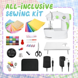 Mini Sewing Machine, 124 Pcs Sewing Machine Kit for Beginners, User-Friendly Dual Speed Sewing Machine with Extension Table, Finger Guard & Light, Portable Sewing Machine for Household, Travel