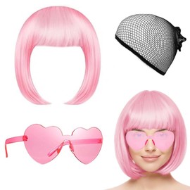 Short Bob Wig, Pink Wig, Women's Pink, Pink Wigs Wig Cap and Sunglasses for Women, Costume Colourful Cosplay Wig Hairpieces for Party