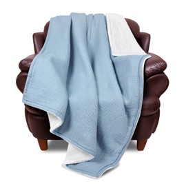 Blue Knit Sherpa Throw Blanket for Couch Sofa 50x60 inches, Super Soft Comfy Plush Throw Decorative Blanket Reversible for All Season Use Waffle Weave