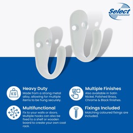 Select Hardware HK0220B 2X Single Robe Coat Hooks with Screws, White, Door & Wall Mountable Clothes Hanger for Bathroom Bedroom Living Room Hallway (Pack of 2)