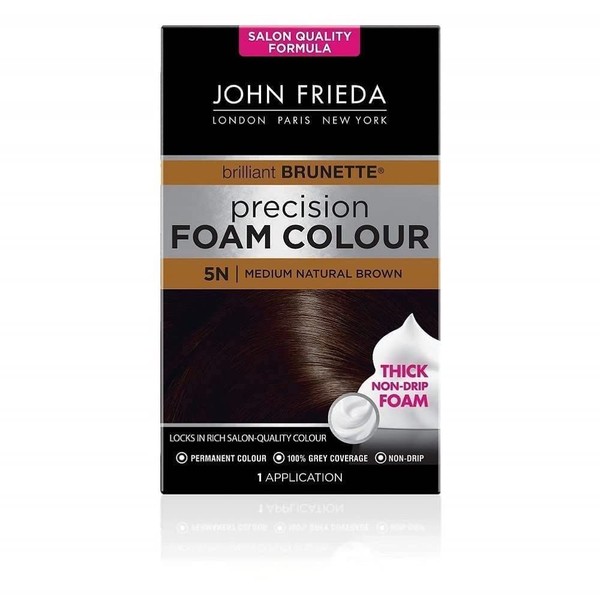 John Frieda Precision Foam Colour 5N, Salon-Finish Medium Natural Brown Hair Dye, Permanent Medium Brown Hair Colour, 100% Grey Coverage