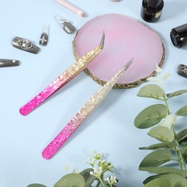 Nail Art Tweezers 2PCS Nail Art Tweezers for Stickers Stainless Steel Nails Tweezer Straight and Curved Pointed Tweezer for Nails Crafts Rhinestone Stickers