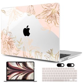 MEEgoodo for MacBook Air M3 M2 Case 2024 2022,Fit Model A3113 A2681,Clear Case for MacBook Air 13.6 inch, Laptop Hard Shell Cases with Keyboard & Webcam Cover & Screen Protector, Gold Flowers Lilies