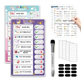Upgraded 2 in 1 Bedtime/Morning Routine Chart - Magnetic Chore Chart, Cute Visual Schedule Board, Dry Erase Checklist for Kids & Toddlers