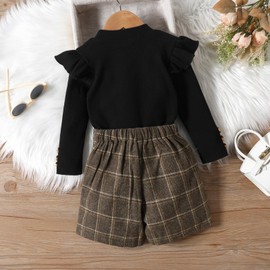 UUAISSO Toddler Baby Girl Clothing Long Sleeve Ribbed Tops Plaid Tweed Pattern Skirt Beret Autumn Button Outfits Sets, black trouser skirt
