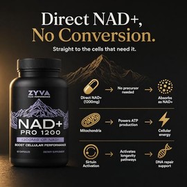 ZYVA NAD+ Pro 1200 - Suplemento directo de NAD Plus de alta dosis - 1200 mg por porción - Apoya la energía celular y la función mitocondrial - Envejec